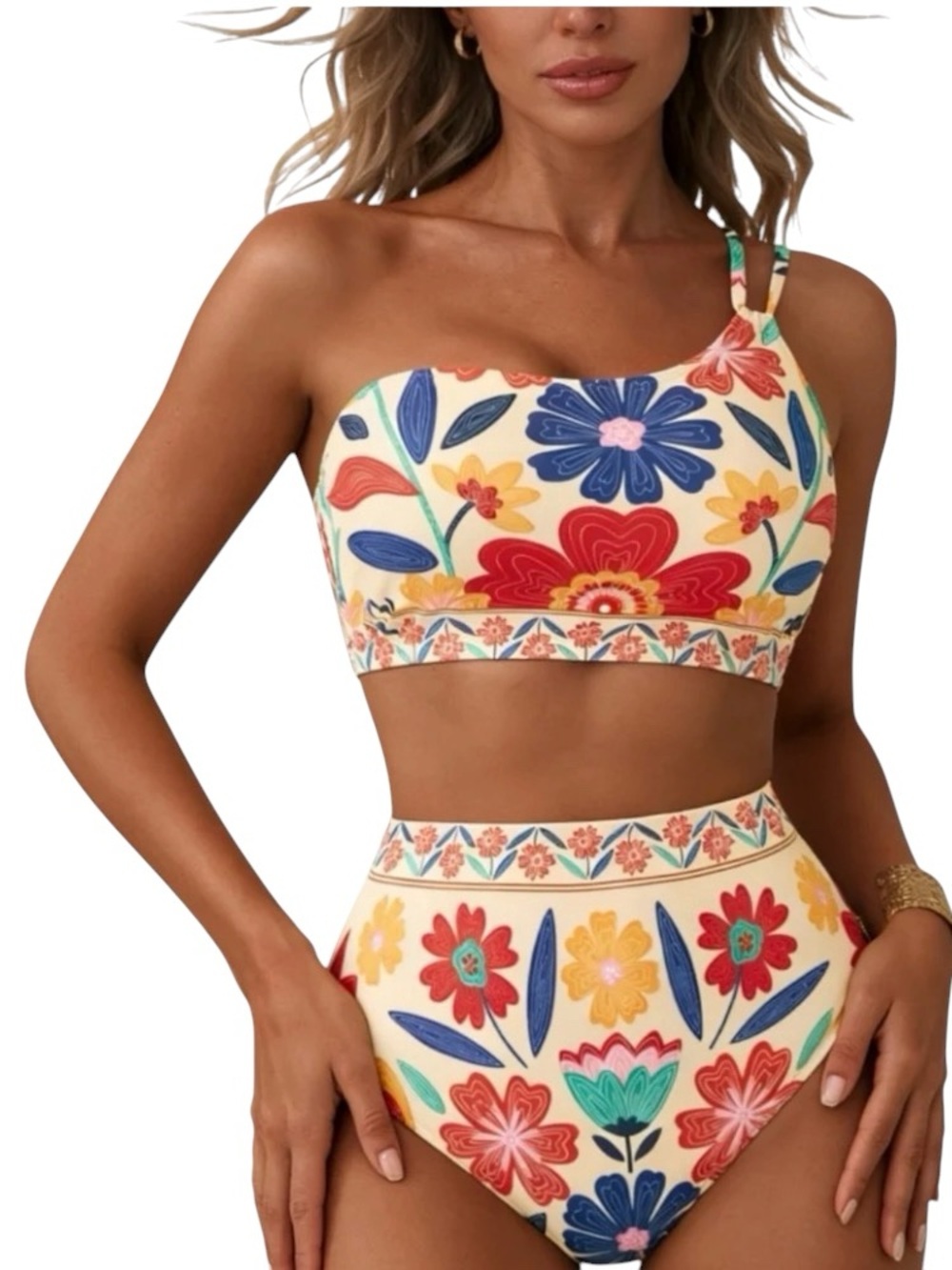 Floral One Shoulder High-Waist Bikini Set - Cream Multicolor, Tropical, NWOT M - Picture 2 of 11
